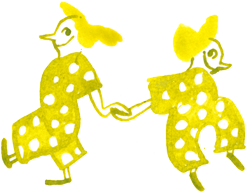 Tusche Illustration für Valentinstag. Auf der Comic Zeichnung sind zwei kleine Charaktere mit gepunktetem Outfit zu sehen. Sie gehen in gegensätzliche Richtungen und halten sich dabei die Hand. Sie schauen sich an, belustigt und verlegen. Die Illustration ist mit Pinsel, Feder und Tusche gezeichnet.    