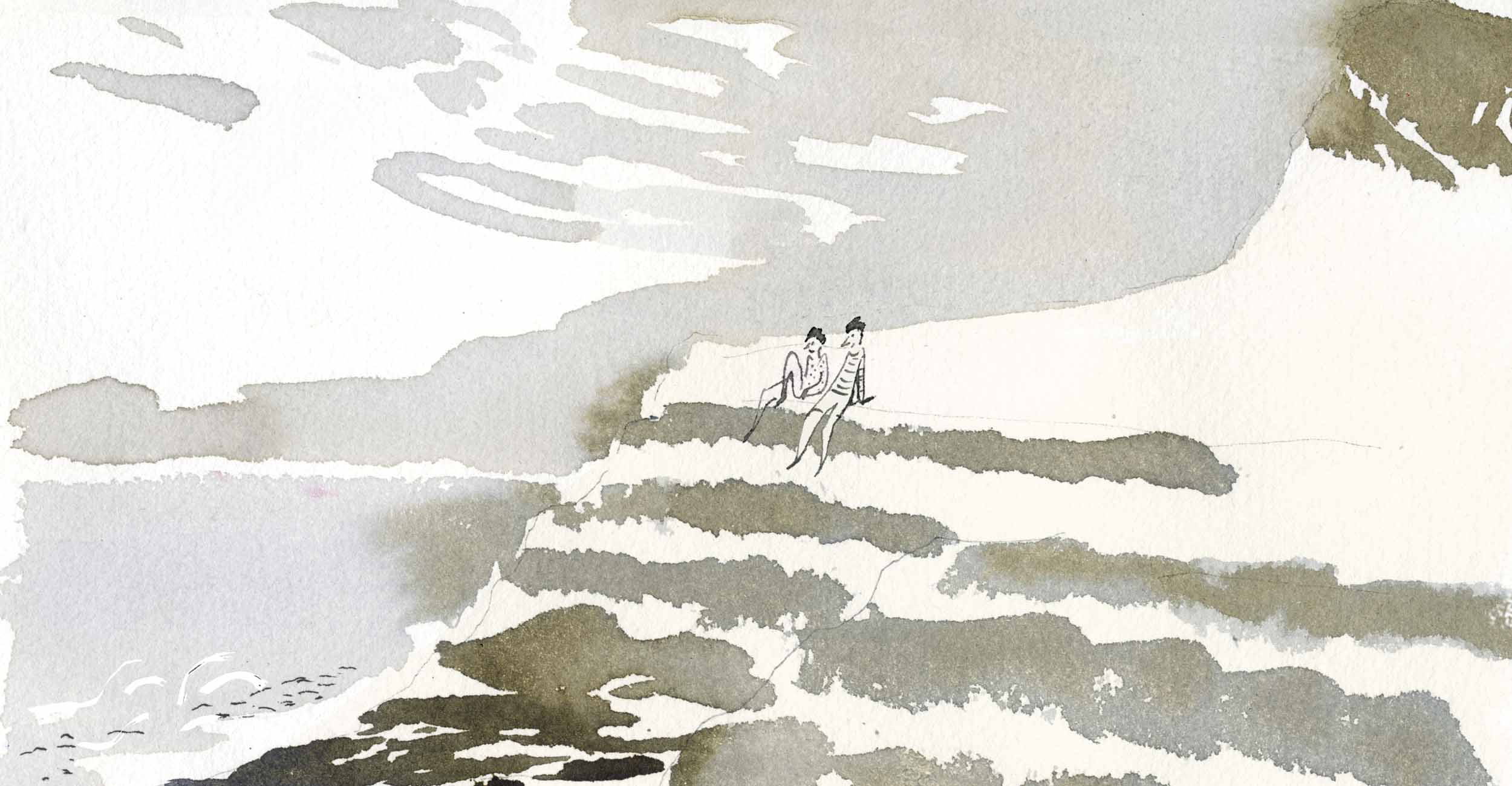 Ink illustration. Two small figures sit atop a cliff in a breathtaking landscape. Clouds drift across the vast sky on the horizon, and the sea laps gently. The image invites contemplation. The drawing is rendered in shades of blue-gray and sepia-brown. It was created using a pen, brush, and ink.
