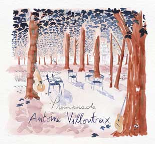 Diese Auftragszeichnung ist die Tusche Illustration eines Waldes mit roten Baumstämmen. Zwischen den Bäumen sind stilisierte blaue und rosa Blätter zu sehen. Im Hintergrund erkennt man schemenhaft Gebäude.   Some chairs are in the parc. A guitar is leaning against a tree. The whole scene seems dreamy and surreal, with a mixture of natural and everyday objects. The colours are predominantly red, pink and blue.