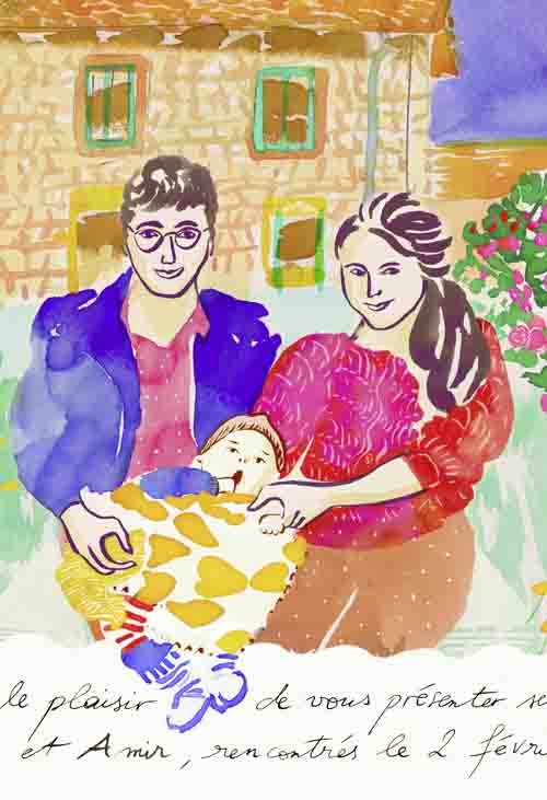 Auftragszeichnung. Aquarellzeichnung: Ein junges Paar hält ihr Baby vor sich. Beide Eltern sind gut gelaunt. Der Mann trägt eine blaue Jacke und Brille, die Frau hat ihre Haare offen und trägt einen roten Pulli. Das Baby ist in eine helle Decke gewickelt und öffnet den Mund, als würde es staunen.