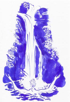 Commissioned drawing: Einfarbige königsblaue Tusche Zeichnung vor weißem Hintergrund. Ein kleiner Wasserfall eingebettet in einer Naturkulisse. Im Wasser steht eine Frau, nur ihre Schulter, ihr Kopf und ihre offenen Armen sind zu sehen. Genauso wie die Betrachterin, steht sie dem Wasserfall gegenüber.   