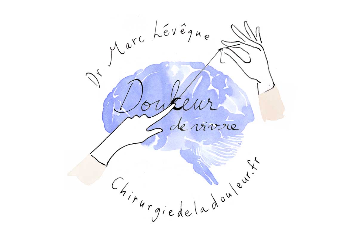 Diese Tusche Illustration ist ein Logo, welches als Auftragszeichnung gegeben wurde. Vor einem weißen Hintergrund ist ein blau aquarelliertes Gehirn zu sehen. Zwei Hände in sterilen OP-Handschuhe nähen im Gehirn einen Satz um. „Douleur de vivre“ wird mit „Douceur de vivre“ ersetzt. Die Bedeutung ist: Die Sanftheit ersetzt den Lebensschmerz. Unten steht in filigraner Schrift handgeschrieben: „Dr Marc Lévêque Chirurgiedeladouleur.fr.“ Es ist ein Logo für einen Neurochirurgen, der sich der Schmerztherapie widmet.      