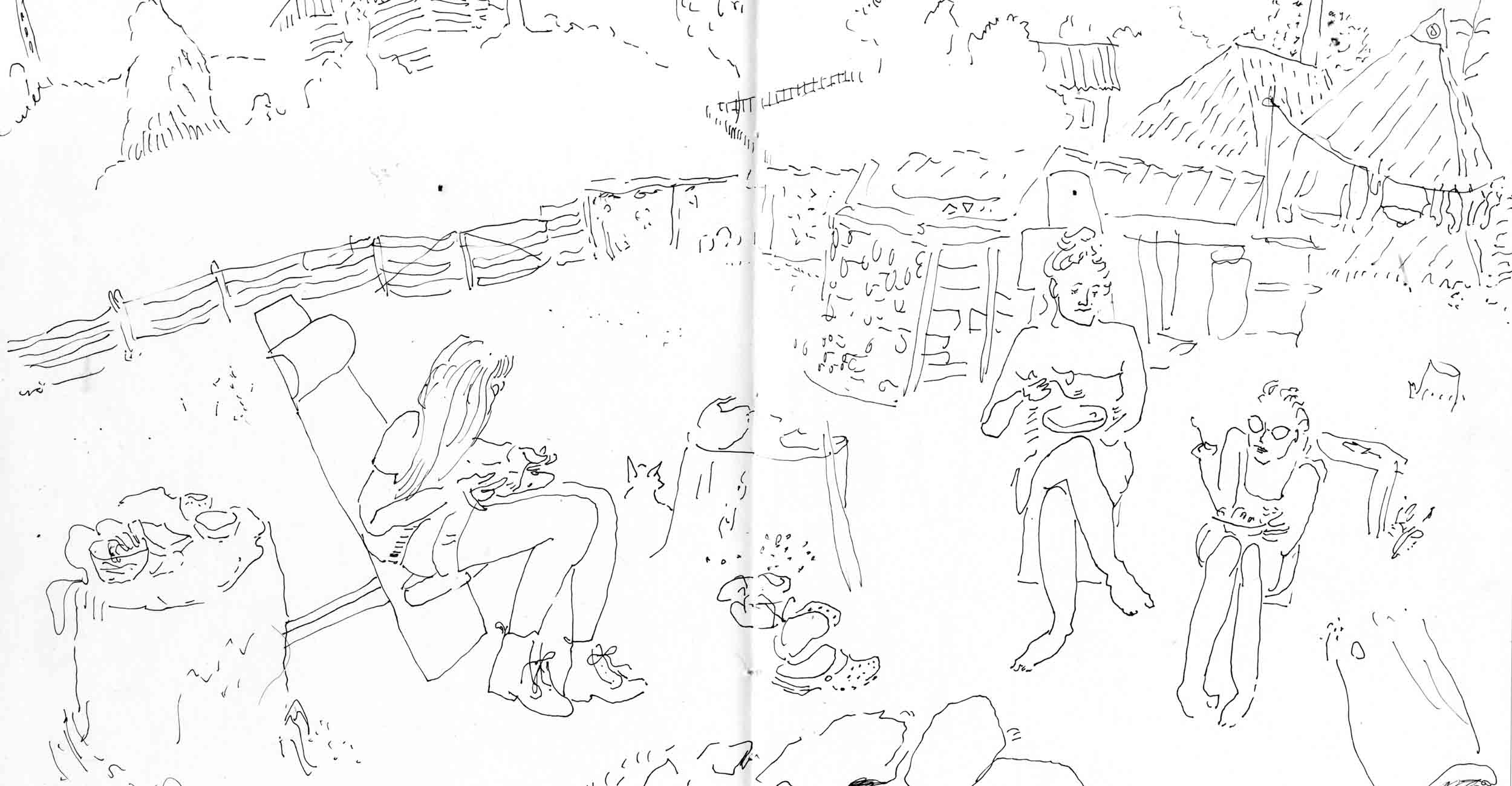 Comic Zeichnung. Auf der Fineliner Zeichnung ist eine Berg-Bauernhof Szene zu sehen. Drei Frauen essen einen Picknick um einen Lagerfeuerplatz. Eine trägt Sonnenbrille und redet. Die anderen sind mit ihrem Essen beschäftigt. Sie tragen Sommerbekleidung. Die feine Zeichnung ist eine Freihand Skizze in Schwarz Weiss.