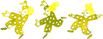 Tusche Illustration im Stil einer Comic Comic Zeichnung. Auf der Illustration sind drei kleine Charaktere mit gepunktetem Outfit zu sehen. Sie stehen im Profil in einer Reihe und tanzen mit Lächeln im Gesicht und Augen zu. Die Zeichnung ist Pinsel und Feder gezeichnet.   