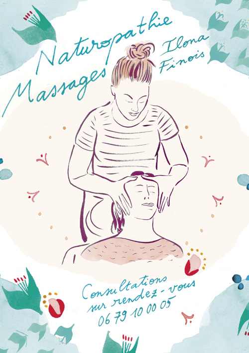 Dieser Flyer ist eine Tusche Illustration. Die Auftragszeichnung zeigt eine Heilpraktikerin, die das Gesicht einer Frau massiert. Als Text steht, dass Massagen und Naturheilkunde angeboten werden. Die Telefonnummer ist auch zu lesen.   