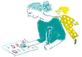 Ink illustration. Drawing of a briefing that has been completed. In addition, the illustrator woman takes a close look at the briefing. The small woman in a polka dot outfit looks over her shoulder.   