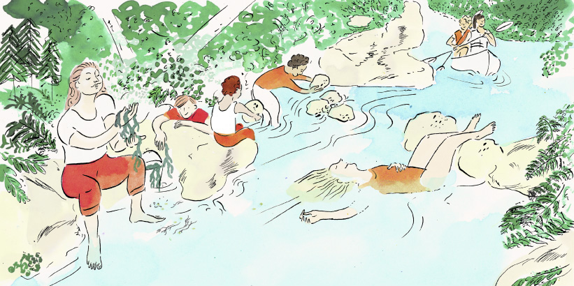 Tusche Illustration in blauen, grünen, orangenen und hellen beigen Töne. Die Comic Zeichnung zeigt ein Fluss auf dem in der Ferne zwei Frauen im Kanu sitzen. Im flachen Wasser liegt eine Frau mit einem Lächeln im Gesicht. Ihre Beine ruhe auf einem Stein. Am Flussufer spielen drei Kinder mit Steine. Sie bilden ein Staubecken. Eine erwachsene Frau hält Algen in den Händen.      