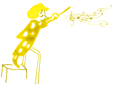 Tusche Illustration im Stil einer Comic Zeichnung. Die kleine Frau mit gepunktetem Outfit steht vor einem Dirigentenpult. Sie Hebt einen Arm mit einem Dirigentenstab. Sie scheint in der Musik aufzugehen. Ein paar Noten auf einer Partitur sind in der Luft gezeichnet.    