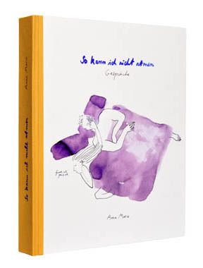 Handgebundenes Buch, mit orangenem Buchrücken, auf dem der Titel im Siebdruck zu lesen ist: "So kann ich nicht atmen". Das Cover zeigt die einfarbige Buch Zeichnung eines Paares im Bett vor einem weißen Hintergrund. Beide schlafen im Bett. Die Hand der Frau ruht auf das Gesicht des Mannes. Die Tusche Zeichnung ist im Violett gehalten und der Titel Blau per Hand geschrieben. Der Untertitel ist "Gespräche".