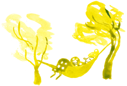 Ink illustration. The little woman with a polka dot outfit sleeps in a hammock that she has stretched between two trees. The wind blows in the trees. The picture exudes a calm atmosphere. The comic drawing is drawn with brush, pen and ink.