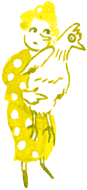 Ink illustration in the style of a comic drawing. The little woman in a polka-dot outfit holds a chicken in her hands. Drawn with pen and brush.  