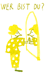 Tusche Illustration für die Kategorie "Körper Skizzen". Die kleine Frau mit gepunktetem Outfit steht vor einem Spiegel. Sie hält eine Hand auf seiner Oberfläche und schaut ihr Spiegelbild an. Sie fragt „Wer bist du?“. Die feine Zeichnung ist mit Pinsel und Feder gezeichnet.    