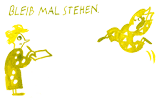 Ink illustration. The little woman in a polka-dot outfit is holding a sketchbook and a pencil. She is standing and says, “Hold on a second.” In front of her, another creature in the same outfit, adorned with triangles, is jumping artistically. The comic-style drawing was created using a brush, pen, and ink.