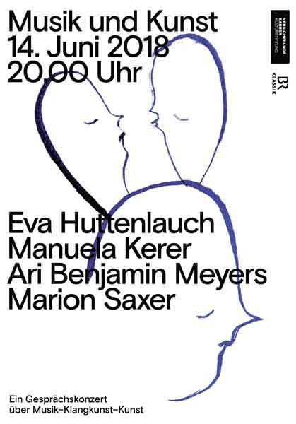 Feder Zeichnung für eine Plakat Illustration. Auf dem Plakat ist eine feine Zeichnung in Königsblauer Tusche zu sehen. Von dem Kopf eines Menschen entspringen zwei weitere Köpfe, sie sich küssen. Die Zeichnung enthält die Information: „Musik und Kunst. 14. Juni 2018 20.00 Uhr“ und die Namen der Musikerinnen und Musiker.   