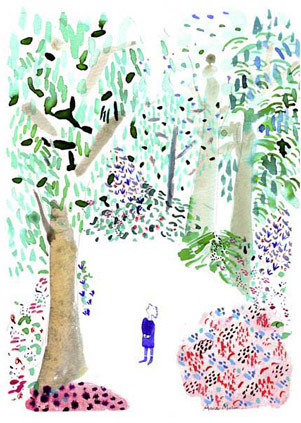 Tusche Illustration eines Waldes mit bunten Blumen auf dem Boden. Auf einer Lichtung steht eine blau gekleidete Person und schaut in die Baumkronen hinauf. Die Zeichnung ist mit Pinsel und Feder gezeichnet.  