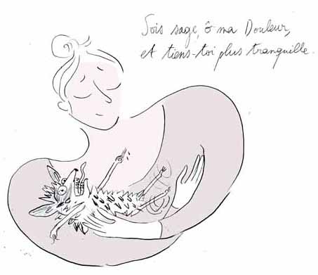 Diese Auftragszeichnung ist eine Tusche Illustration in Grau und Schwarzweiß. Auf der Comic Zeichnung ist Folgendes zu sehen: Eine Frau mit Augen zu und Lächeln im Gesicht hält eine merkwürdige Kreatur in den Armen. Die junge Frau bemuttert das kleine Monster. Das kleine Monster hat blutunterlaufene Augen und kratzt an der Haut der Frau. Die Frau wiegt das Monster. Ein Text von dem Dichter Charles Baudelaire steht auf Französisch in Handschrift: „Sois sage ô ma Douleur, et tiens-toi plus tranquille.“