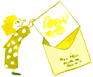 Tusche Illustration. Die kleine Frau mit gepunktetem Outfit fügt eine überdimensionale Karte in einem überdimensionalen Umschlag ein. Sie lächelt. Auf der Karte ist eine Zeichnung und auf dem Umschlag eine kaum erkennbare Adresse. Die Comic Zeichnung ist mit Feder bunt gezeichnet.    