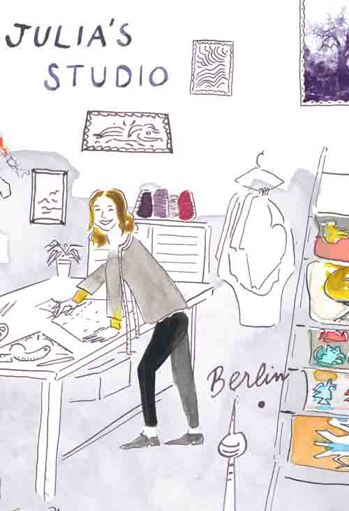 Auftragszeichnung. Aquarellzeichnung eines Schneiderstudios, der Titel ist: "Julia's Studio". Die Schneiderin lehnt auf ihrem Arbeitstisch und lächelt dem Betrachter zu. Bunte Garne und bunte Auslagen sind zu sehen. Unten ragt der Fernsehturm ins Bild, über dem "Berlin" geschrieben steht.