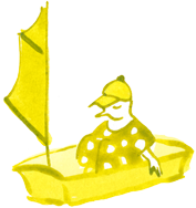 Tusche Illustration. Die Comic Zeichnung zeigt eine kleine Frau mit gepunktetem Outfit. Sie trägt ein Käppi. Sie sitzt in einem kleinen Segelboot. Ihr Kopf ist nach vorne geneigt, ihre Augen sind geschlossen, eine Hand reicht zum Wasser. Die Illustration ist mit Pinsel und Feder gezeichnet.     