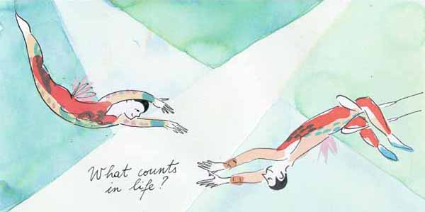 Artistic drawing with watercolours. The illustration shows 2 acrobats in the air just before their hands touch. The text in filigree hand written font at the bottom of the drawing reads: "What counts in life?"  