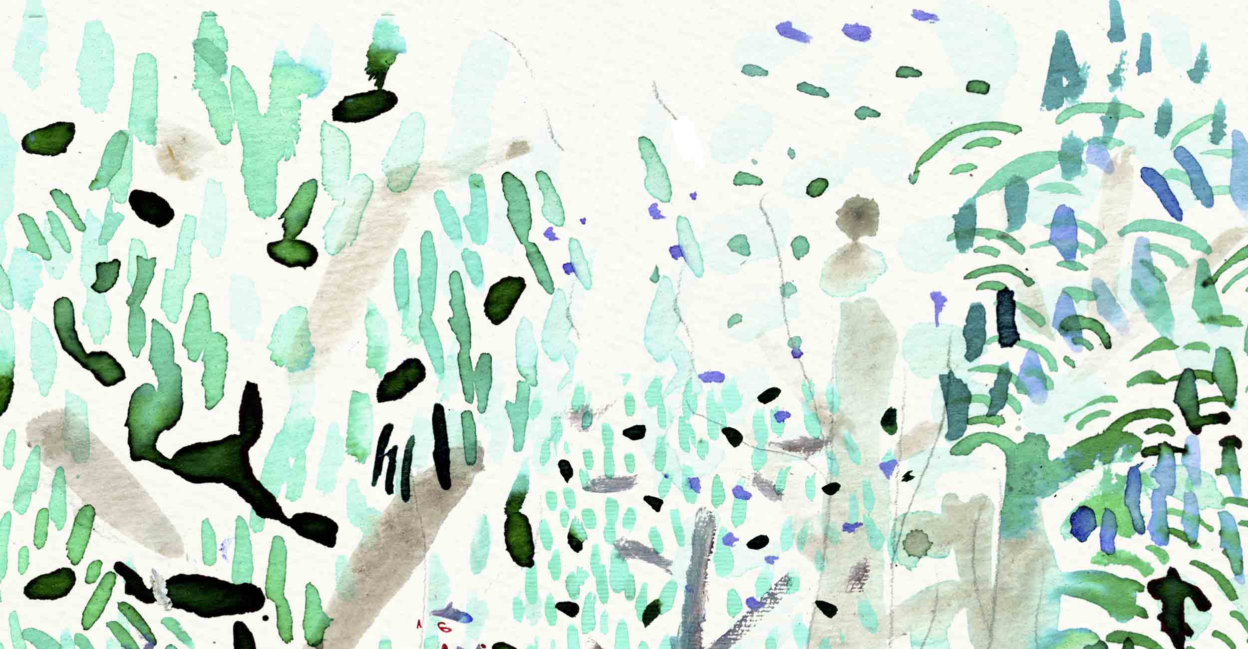 Tusche Illustration. Detailansicht einer farbenfrohen Zeichnung mit Aquarellfarben gezeichnet. Wassergrüne Pinselstriche vor hellem Hintergrund. Baumkronen sind zu erahnen.