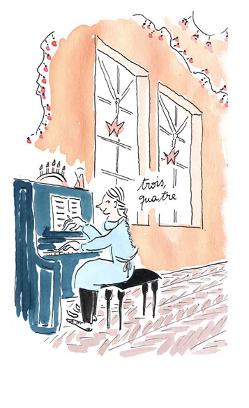 This commissioned drawing is an ink illustration. A cheerful nurse sits at the piano. She says "Three, four!" to indicate the beat.  