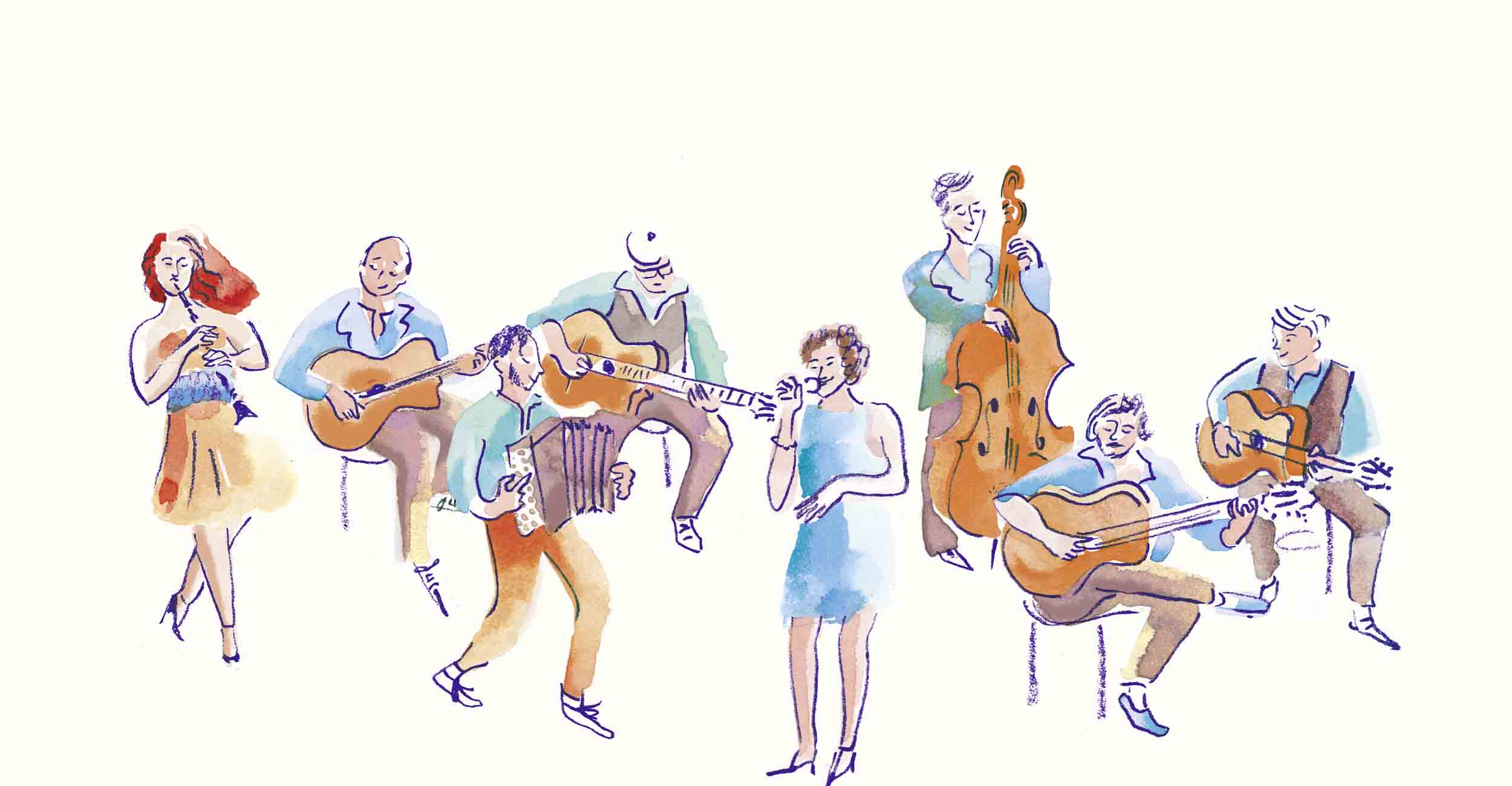 Auftragszeichnung. Wasserfarben Zeichnungen von den Band Mitglieder einer Jazz-Musikband vor weißem Hintergrund. Die 8 Band-Mitglieder sind einheitlich gekleidet in Türkis Blau, Blau-Grün und Ocker Braun. Ihre Instrumente sind im dunklem Orange gezeichnet. Die Charaktere sind mit buntem Marineblauen Bleistift gezeichnet. Die Flächen sind mit Aquarellfarben gemalt.