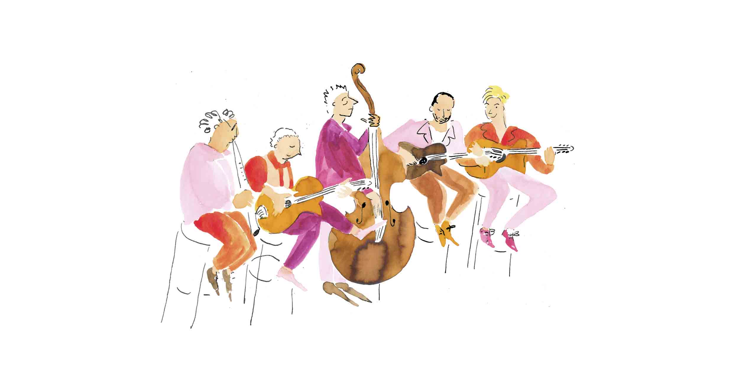 Tusche Illustration. Die Comic Zeichnung zeigt ein Jazz Quintett in Rosa, Orange und Sepia Farben. Drei Gitarren, ein Kontrabass sowie eine Klarinette sind in den Hände der Musiker. Mit Feder und Pinsel gezeichnet.