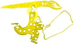 Auftragszeichnung. Aquarellbild zeigt eine kleine Frau in gepunktetem Outfit. Sie hält einen riesigen Pinsel und ein Blatt Papier.