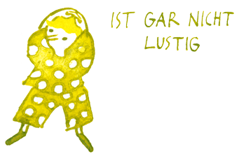 Tusche Illustration. Die kleine Frau mit gepunktetem Outfit sagt „Ist gar nicht lustig“ und schaut verdutzt zu. Die Comic Zeichnung ist bunt, mit Feder und Pinsel gezeichnet.  