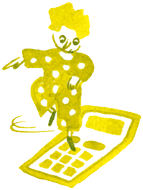Ink illustration. A small character with a polka dot outfit dances on the keys of a maths calculator. 
