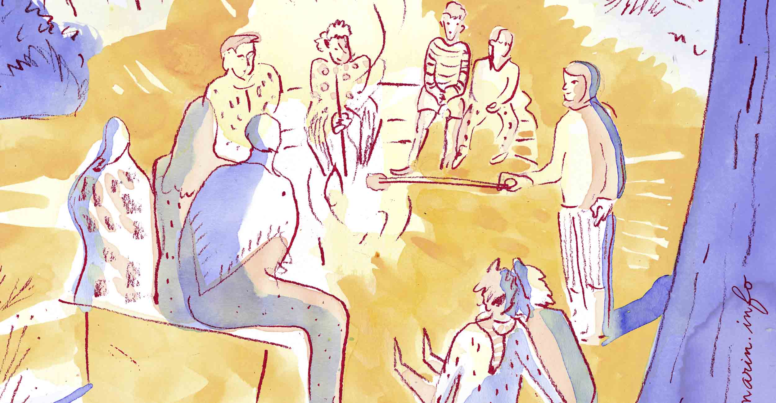 Tusche Illustration. In Blau/Orange-Tönen gehaltene Zeichnung einer Lagerfeuer-Szene. Viele Personen sitzen um ein Feuer, zwei davon halten Stöcke mit Stockbrot ins Feuer. Im Hintergrund sind ein Pavillon und eine Scheune zu sehen.