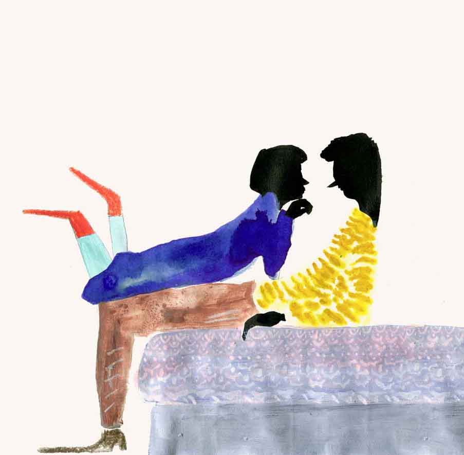 Ink illustration of a couple. The man leans on a bed, the woman lies on his legs and asks him "So, what did you want to talk about?". The comic drawing is drawn with brush, pen and ink.