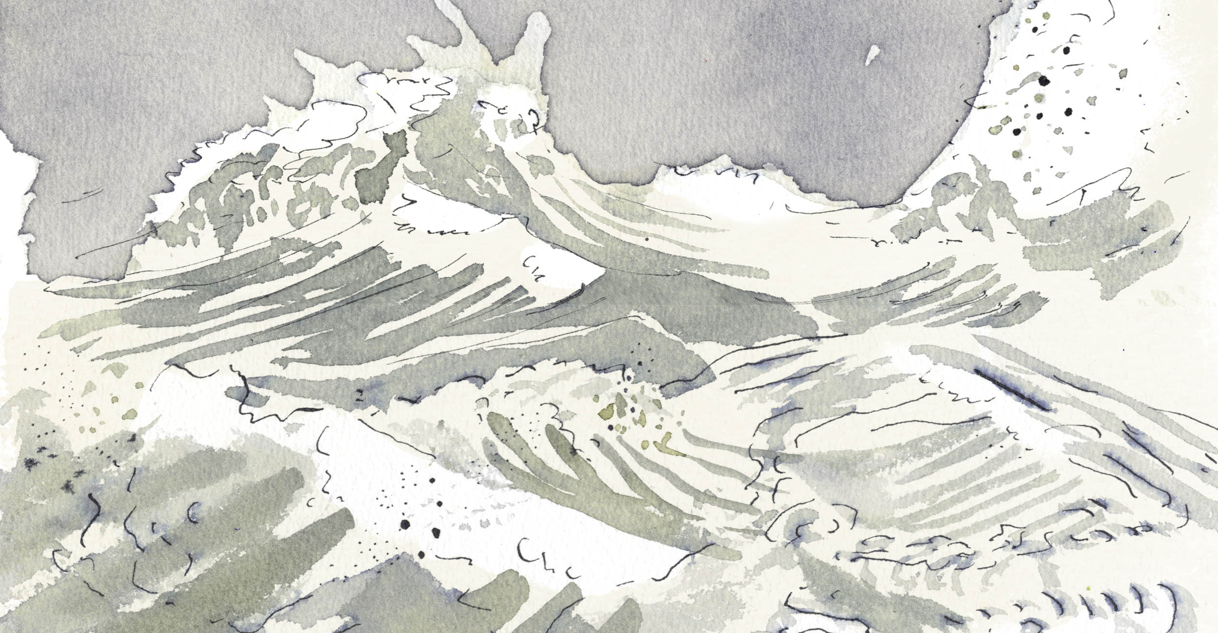 Auftragszeichnung. Tusche Illustration von Meereswellen, die an japanische Malerei erinnert. Die Wellen sind in gemischter Technik gemalt und gezeichnet: Schwarze Federstriche und Flächen mit Aquarellfarben und Tusche. Die Illustration ist in Grau, Grüngrau, helles Sepia und Weiß gehalten. Das Naturelement Wasser strahlt eine grosse Kraft aus.