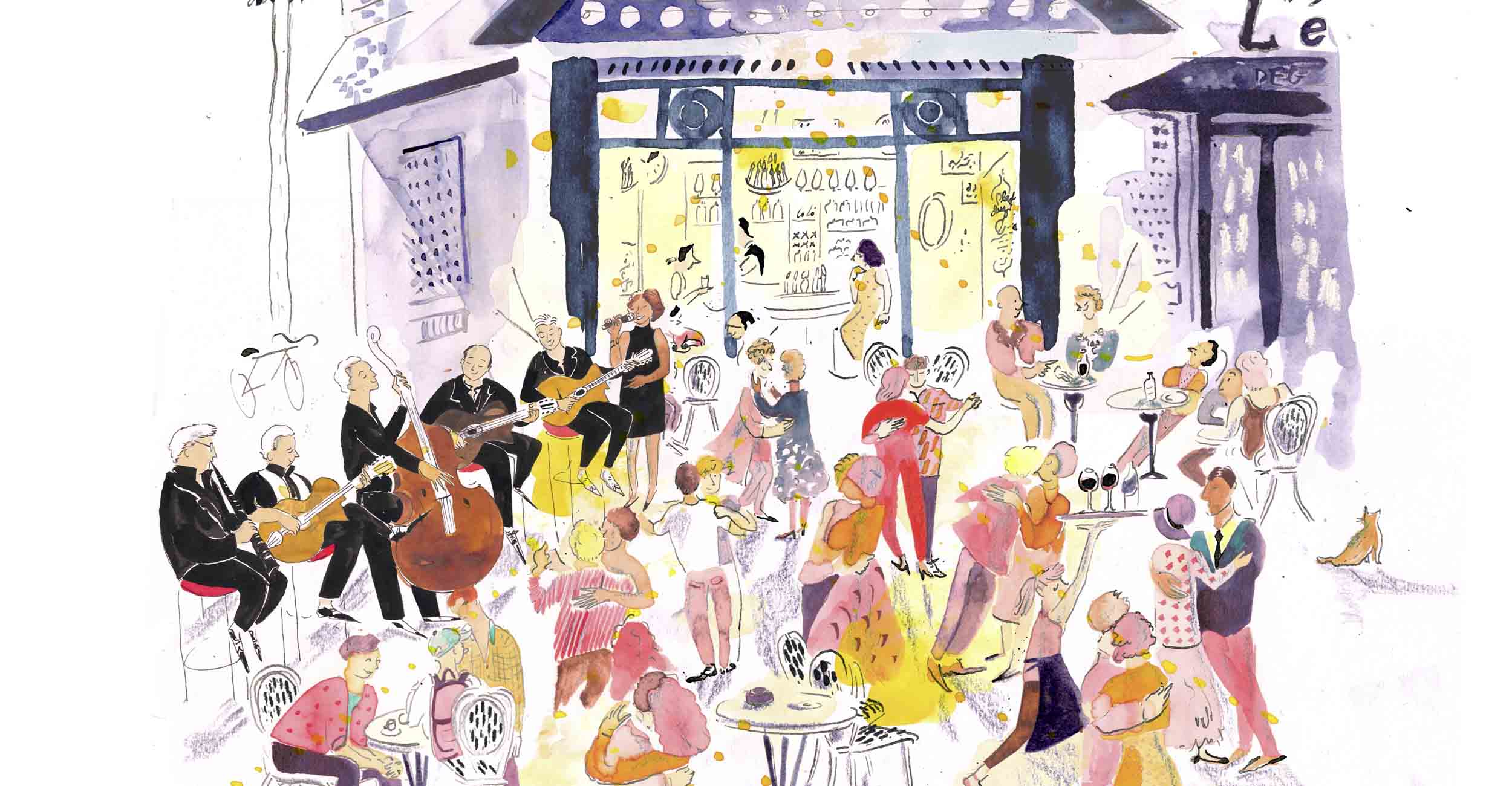 Dieses Artwork für ein CD Cover ist eine Tusche Illustration für die Musikband Paris Gadjo Club. Sie zeigt eine belebte Atmosphäre auf einer Pariser Straße vor dem „Café du Brésil“. Fünf Musiker in Schwarz gekleidet spielen Jazz Musik, eine Sängerin singt dazu. Zwei Dutzend Menschen tanzen oder unterhalten sich auf der Terrasse. Im Café sind die Kellner betriebsam. Die Illustration ist sehr bunt, von Ocker und Rosa Töne über Lila bis Braun und Orange. Mit Feder, Pinsel, Buntstifte und Tusche gemalt.