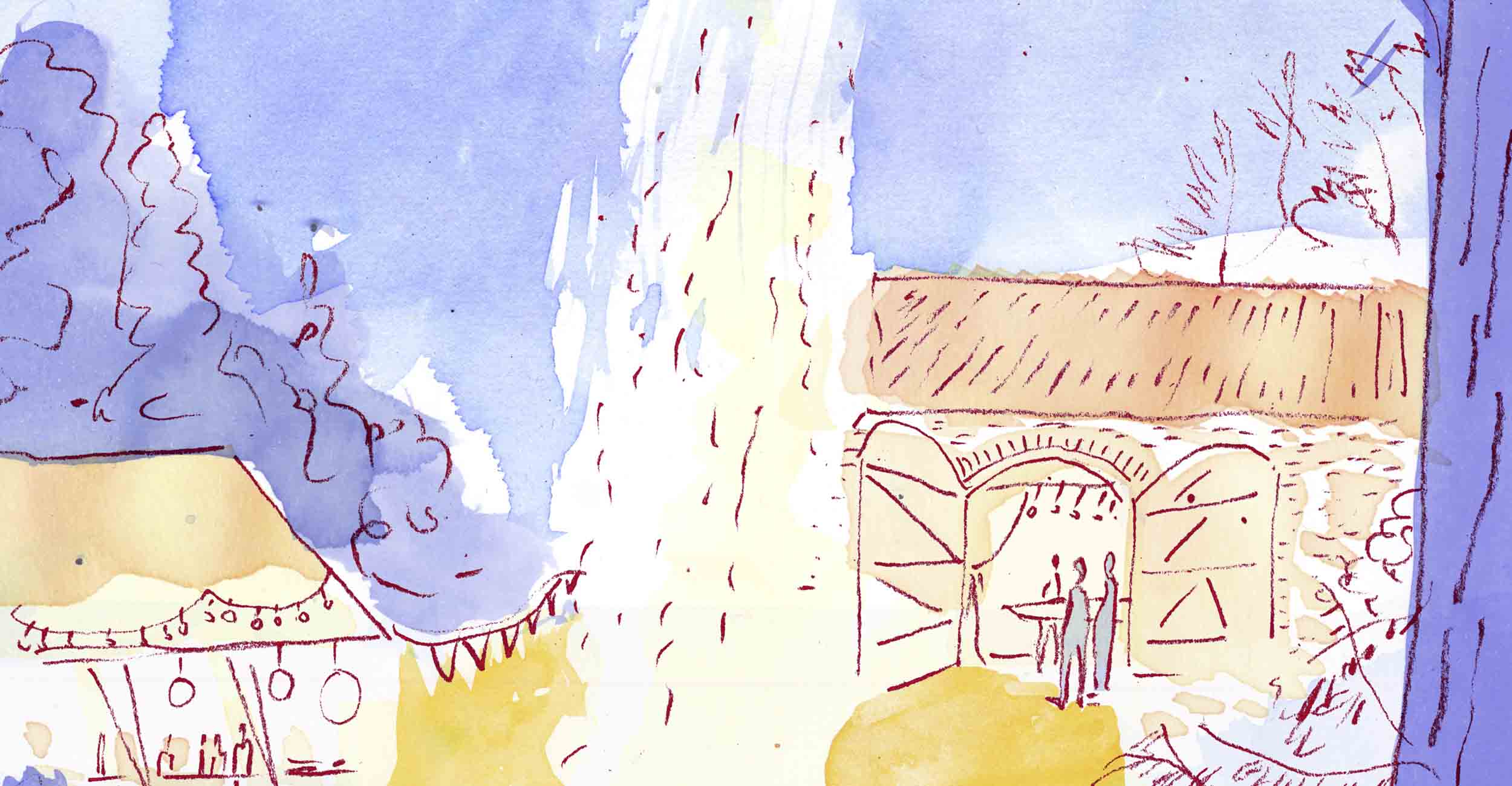 Auf der Tusche Illustration ist eine Scheune nachts zu sehen. Wir sehen auch das Feuer eines Lagerfeuers, welches dem Himmel emporstrebt. Es ist eine entspannte Party Athmosphäre.
