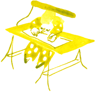 Ink illustration. The small woman with a polka dot outfit sits highly focused at a large drawing table. In front of her lies a white sheet of paper, she herself holds a brush in her hand.  