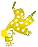 Comic drawing. The ink illustration shows the little woman with a polka dot outfit doing a handstand. She smiles.  