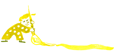 Ink illustration. The small woman with a polka dot outfit holds an oversized brush in her hands. Her position reminds of a person sweeping. She sweeps with the brush and leaves a long trail of yellow paint. She seems to be satisfied with the matter.    