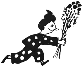 Tusche Illustration im Stil einer Comic Zeichnung. Die kleine Frau mit gepunktetem Outfit geht schnellen Schrittes. Die hält ein Blumenstrauß in die Hände. Ausnahmsweise ist sie Schwarzweiß gezeichnet. Mit Feder und Pinsel.    