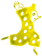 Comic drawing. The little woman with a polka dot outfit jumps. Her hands are stretched upwards, behind her head. Her eyes look up.   