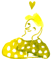 Comic drawing. The little woman looks up into the air with a dreamy smile. She rests her head on one hand. A small heart is drawn above her head.   