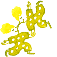 Tusche Illustration im Stil einer Comic Zeichnung. Das kleine Wesen mit gepunktetem Outfit vollzieht eine Akrobatik Nummer mit einem anderen Wesen durch. Sie lächeln und scheinen viel Spaß dabei zu haben. Die Liebespaar Zeichnung fungiert als Symbolik für die Liebe.   