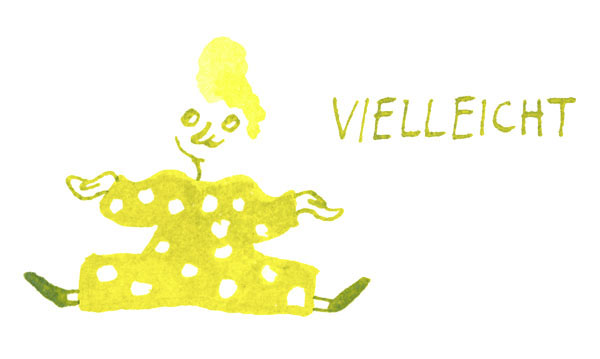 Tusche Illustration. Die kleine Frau mit gepunktetem Outfit sitzt und hebt die Schulter. Sie sagt „Vielleicht“. Die feine Zeichnung ist mit Pinsel und Feder gezeichnet.   