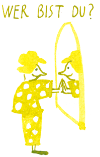 Ink illustration for the category "Body Sketches". The little woman in a polka-dot outfit stands in front of a mirror. She places a hand on its surface and looks at her reflection. She asks, "Who are you?". The fine drawing is done with brush and pen.    