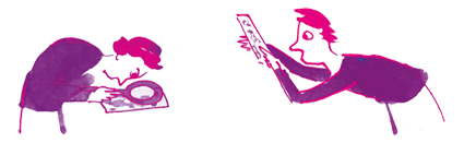 Ink illustration. Drawing of two purple characters looking closely at drawings. 