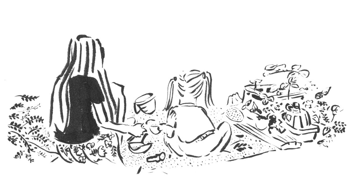Skizze Schwarz Weiss. Die mit Pinsel angefertigte Tusche Illustration zeigt zwei Mädchen von hinten, die in einem Sandkasten sitzen und spielen. Eine ist vielleicht 10, die andere 5 Jahre alt.  