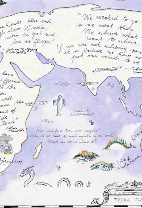 Auftragszeichnung. Die Zeichnung, eine Life Map, ist aquarelliert. Sie erinnert an eine antike Seefahrerkarte. Viele Texte füllen die "Landmassen" und Ozeane.