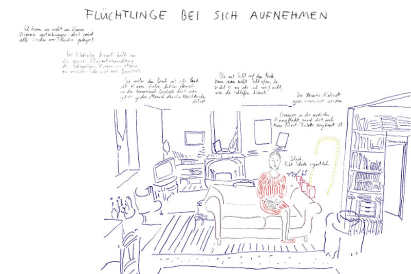 Dessin au crayon de couleur : une femme est assise sur le canapé dans un salon dans le style d'un magazine d'ameublement. Texte manuscrit. 