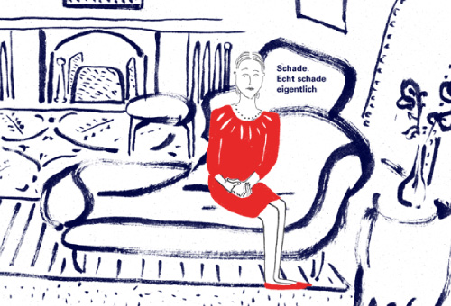 This blue ink drawing is the finished commissioned artwork. It shows a living room in the style of an interior design magazine where a seated woman, in a red dress, reflects on why she cannot welcome displaced people into her home.